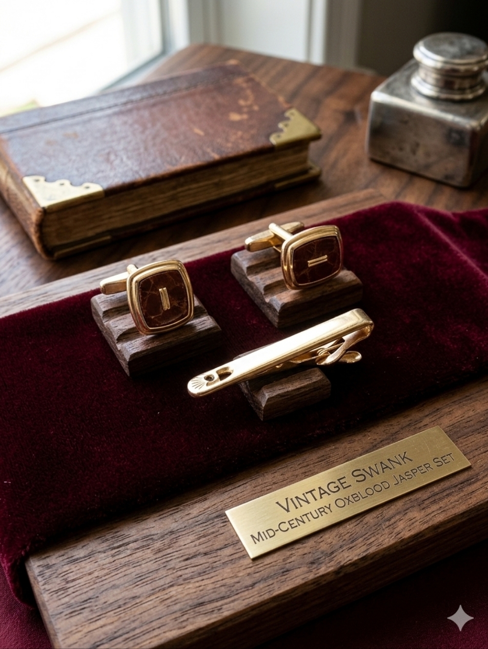 SWANK Gold Tie Bar and Oxblood Cufflinks Set